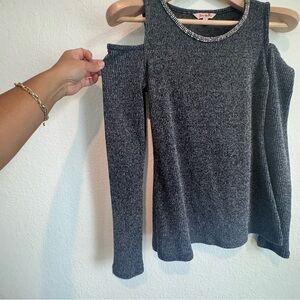 Y2K Juicy Couture Charcoal Cold-Shoulder Knit Top with Embellished Neckline
